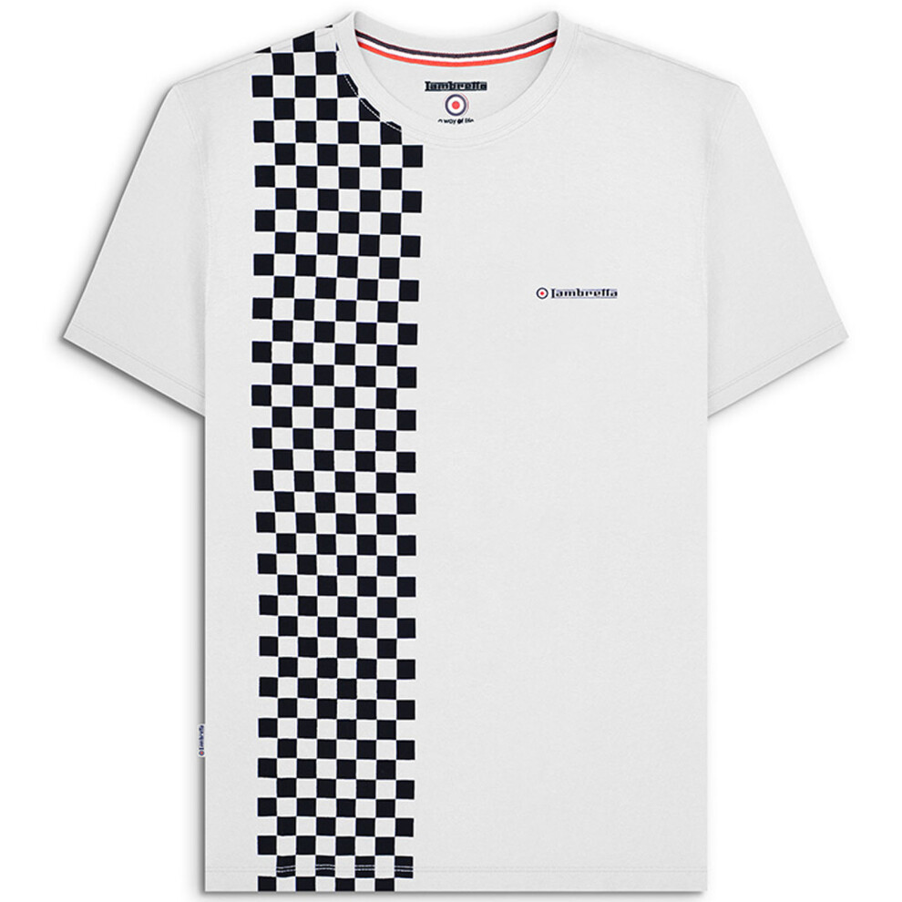 (2XL, White) Lambretta Mens Two Tone Stripe Checkerboard Crew Neck T-Shirt Tee Top