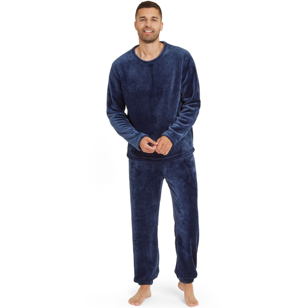 (2XL, Navy) Snuggaroo Mens Soft Fleece Crew Neck Pyjamas Set PJ Bottoms Top Loungewear