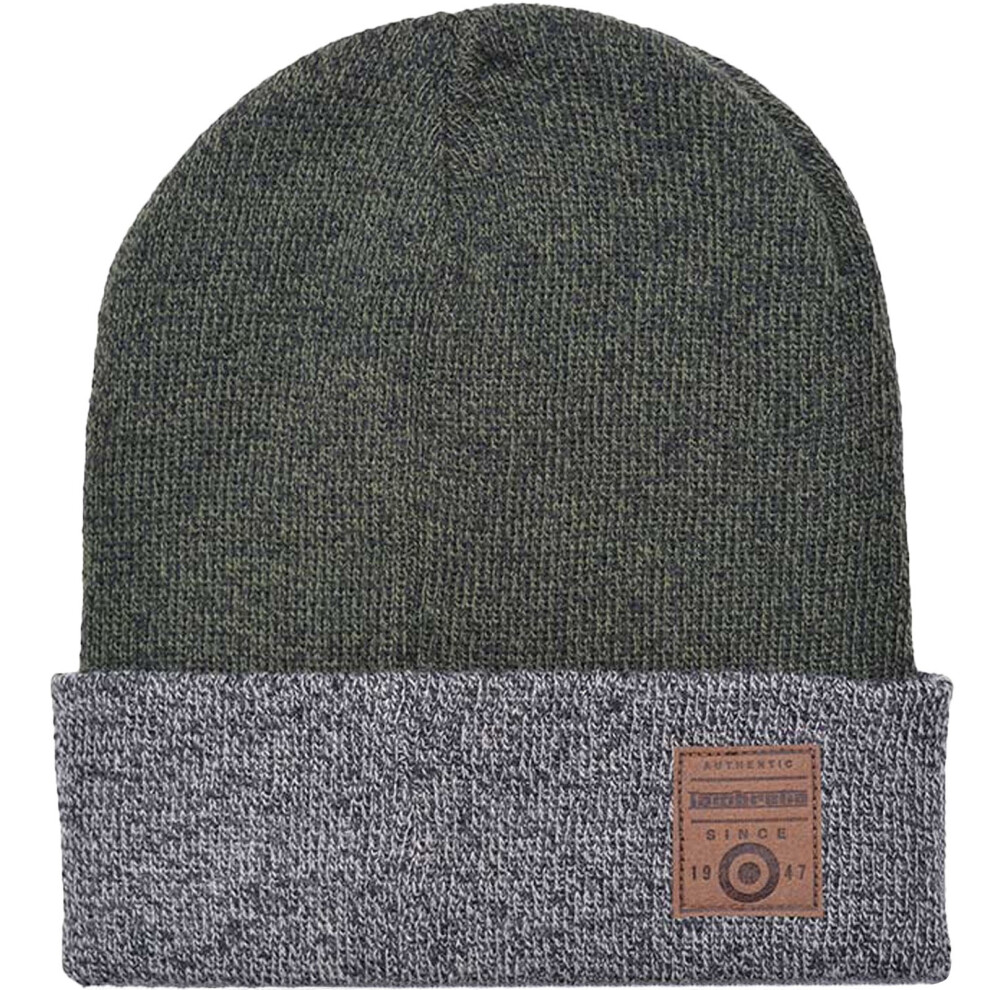 (One Size, Khaki) Lambretta Mens Turn Up Fine Knit Patch Logo Contrasting Cuff Beanie Hat