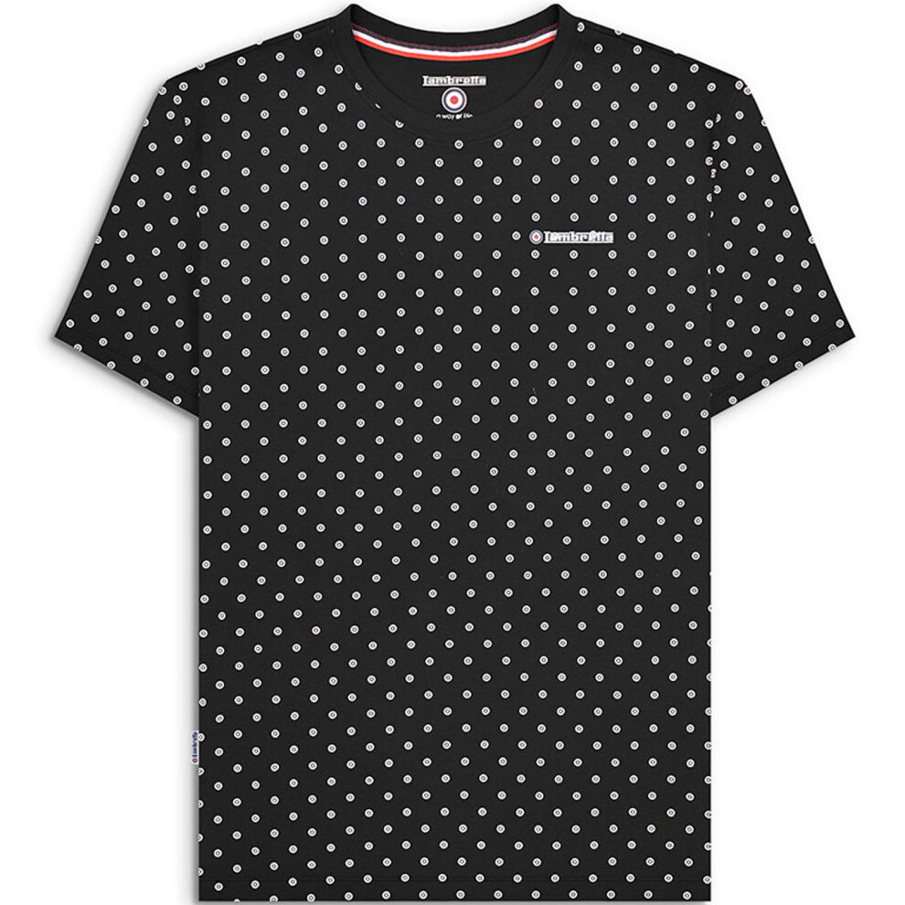 (S, Black/White) Lambretta Mens Target AOP Retro Crew Neck T-Shirt Tee Top