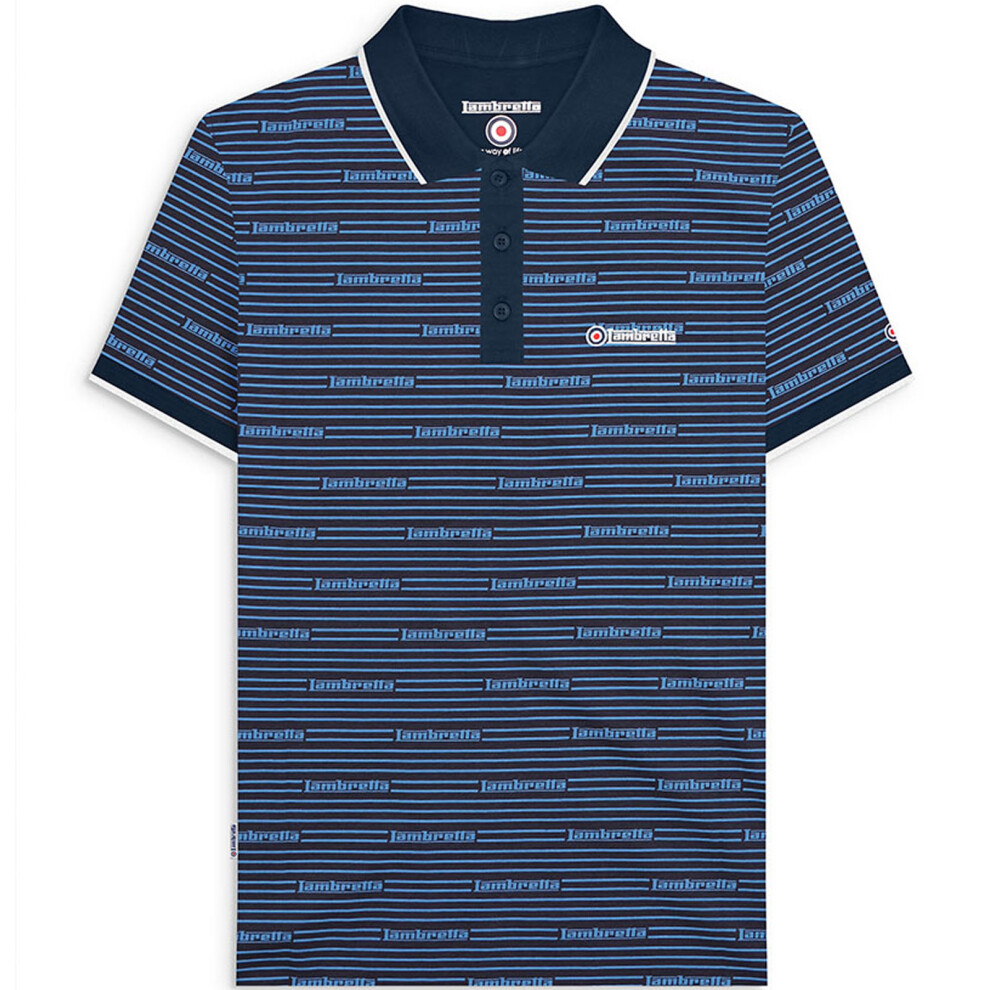 (S, Navy) Lambretta Mens Repeat Logo Short Sleeve Cotton All Over Print Polo Shirt Top