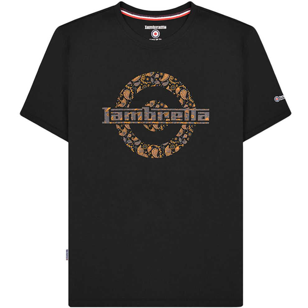 (M, Black) Lambretta Mens Paisley Logo Crew Neck Short Sleeve Retro T-Shirt Tee Top