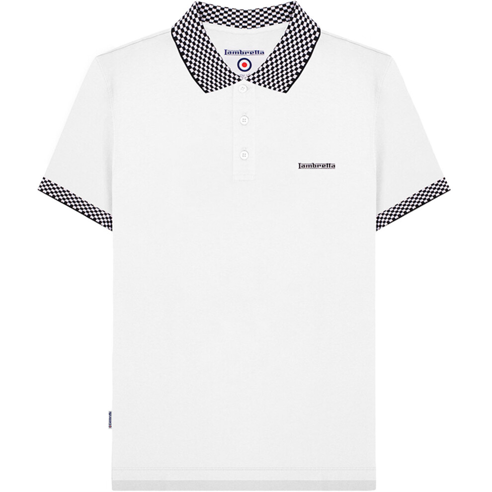 (S, White) Lambretta Mens Two Tone Short Sleeve Collared Cotton Polo Shirt Top