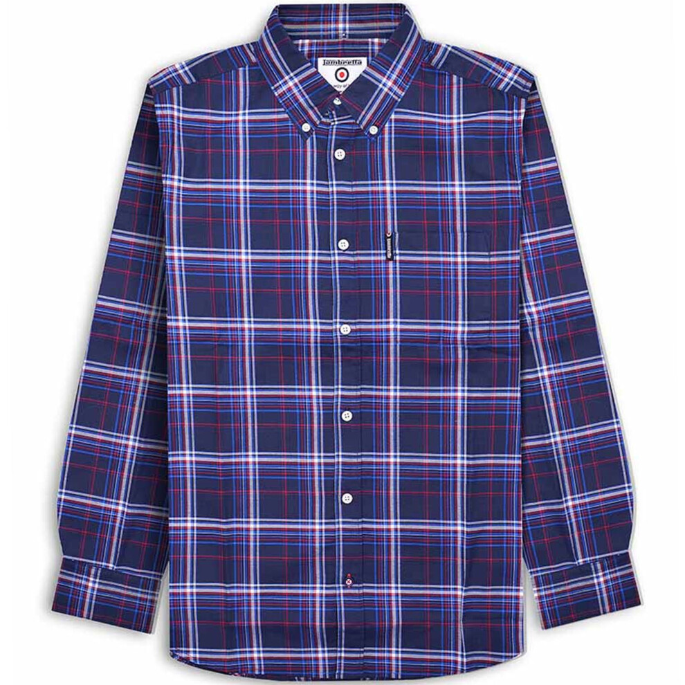 (3XL, Navy/Blue/Red) Lambretta Mens Long Sleeve Checked Checkered Smart Shirt - Navy/Blue/Red