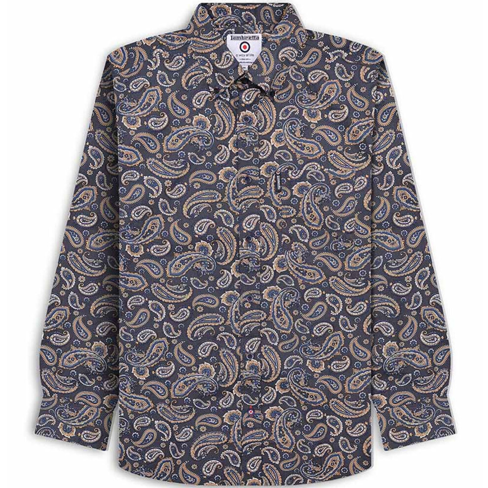 (S, Grey) Lambretta Mens All Over Paisley Pattern Long Sleeve Smart Shirt - Grey