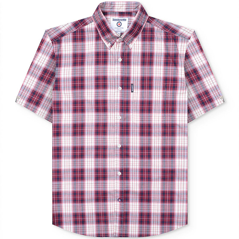 (S, Red) Lambretta Mens Multi Checked Short Sleeve Button Down Shirt - Red