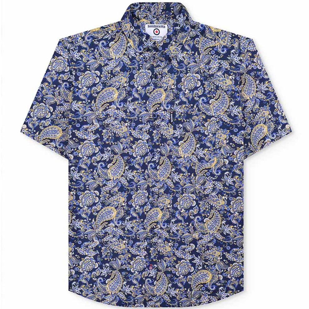 (L, Navy) Lambretta Mens Mod Paisley Short Sleeve Button Down Shirt - Navy