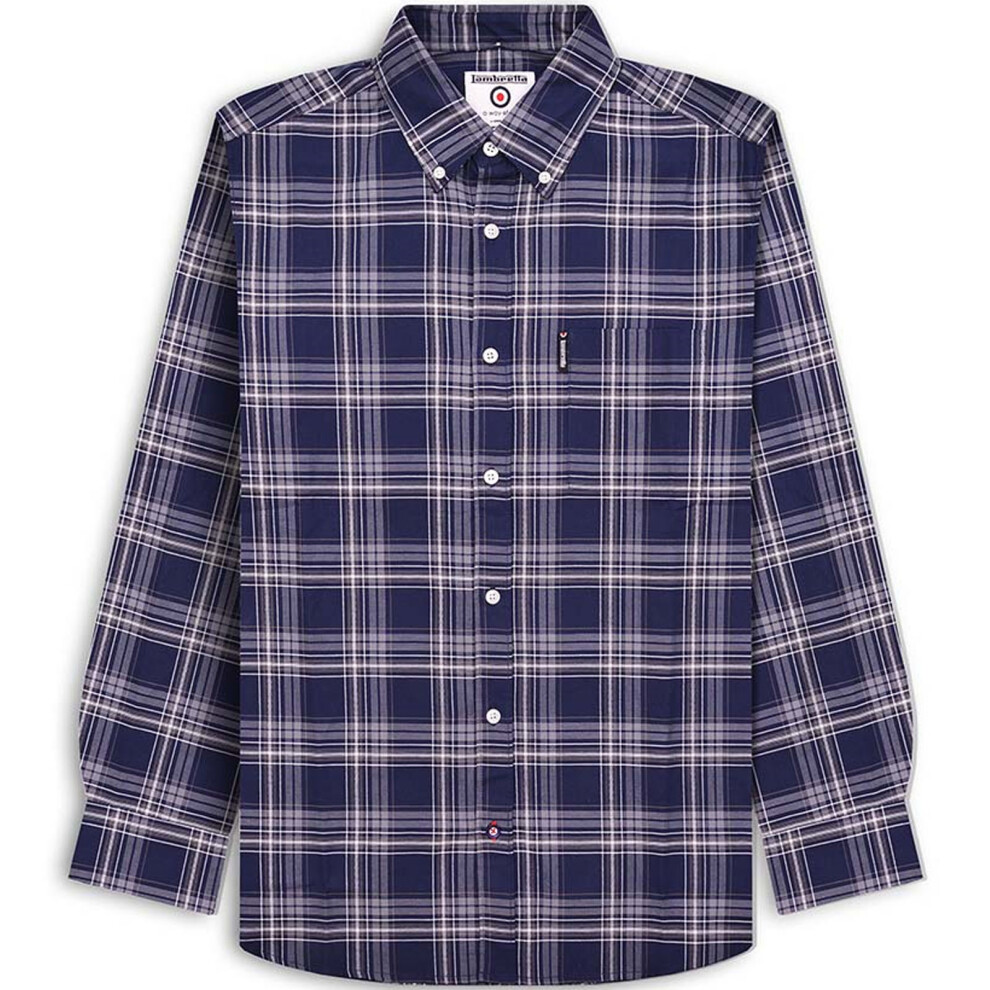 (S, Navy/Grey) Lambretta Mens Long Sleeve Checked Checkered Smart Shirt - Navy/Grey