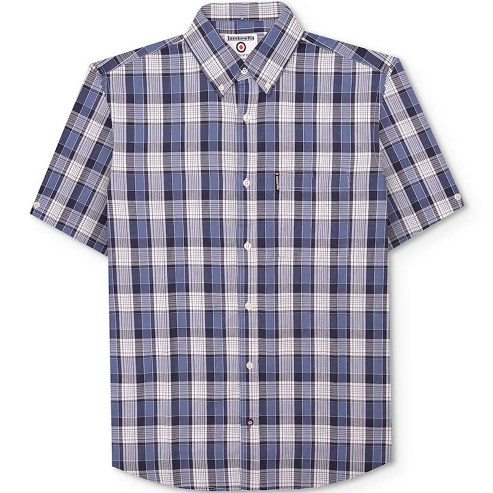 (S, Navy/White) Lambretta Mens Short Sleeve Cotton Check Button Down Collar Shirt - Navy/White