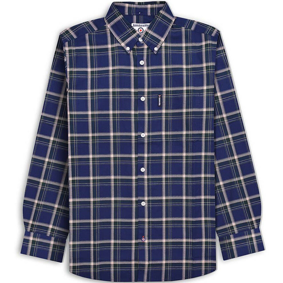 (4XL, Navy/Green) Lambretta Mens Long Sleeve Checked Checkered Smart Shirt - Navy/Green