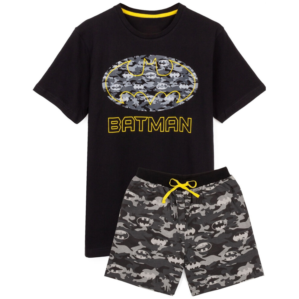 (S, Black/Grey) Batman Mens Logo Camo Short Pyjama Set