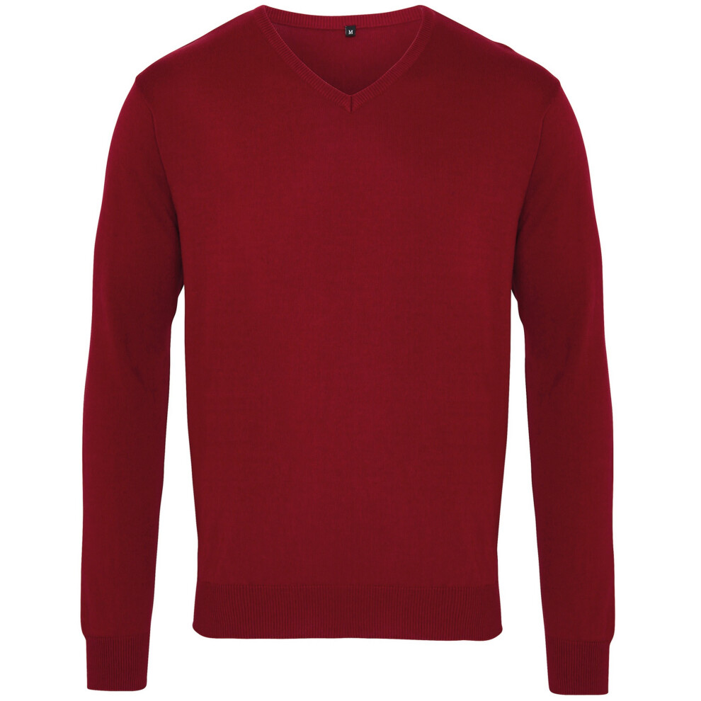 (2XS, Burgundy) Premier Mens V-Neck Knitted Sweater