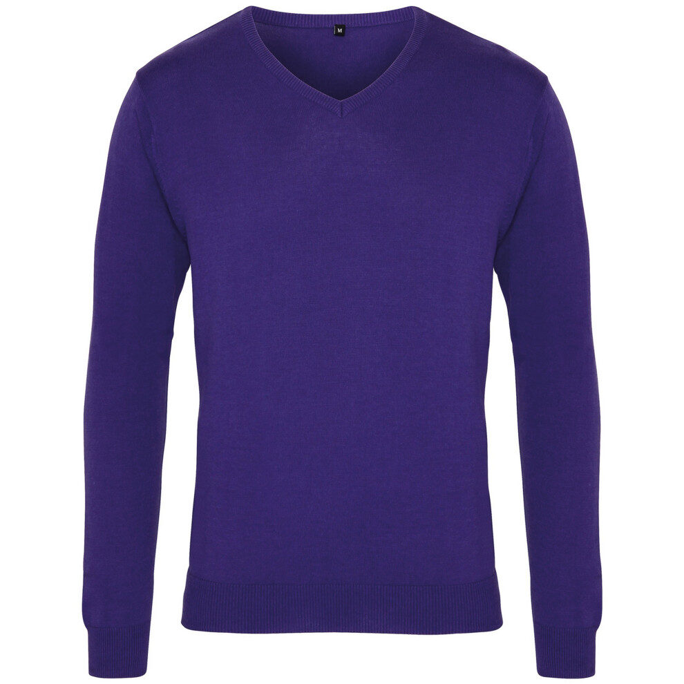 (2XS, Purple) Premier Mens V-Neck Knitted Sweater