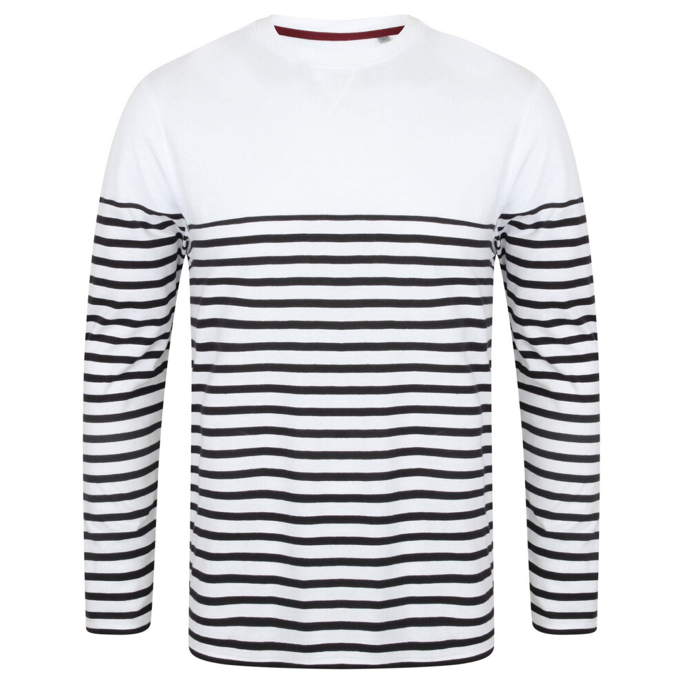 (2XL, White/Navy) Front Row Mens Long Sleeve Breton Stripe T-Shirt