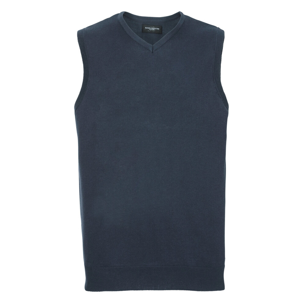 (S, French Navy) Russell Collection Mens V-Neck Sleevless Knitted Pullover Top / Jumper