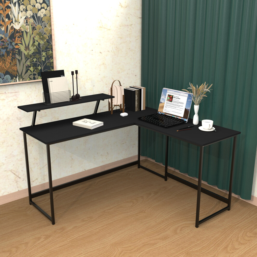 (Black) L Computer Desk with Self Corner Desk Work Table