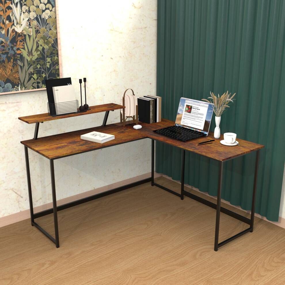 (Brown) L Computer Desk with Self Corner Desk Work Table