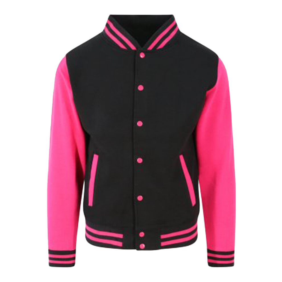 (L, Jet Black/Hot Pink) Awdis Unisex Varsity Jacket 