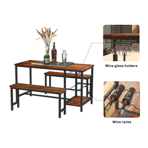 3-Piece Dining Table and Bench Set 4-Person Space-Saving Dinette 1