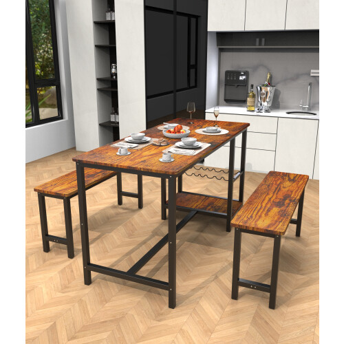 3-Piece Dining Table and Bench Set 4-Person Space-Saving Dinette