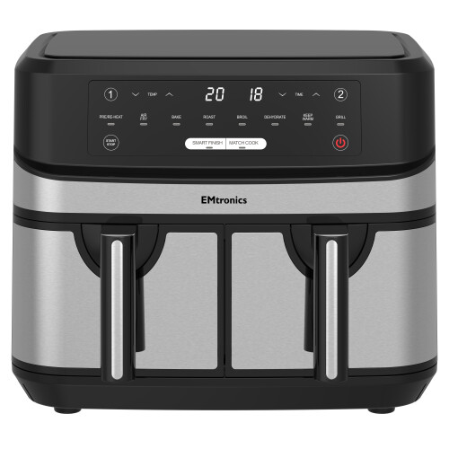 EMtronics EMtronics Double Basket Air Fryer 9 Litre with 99 Minute Timer - Stainless Steel