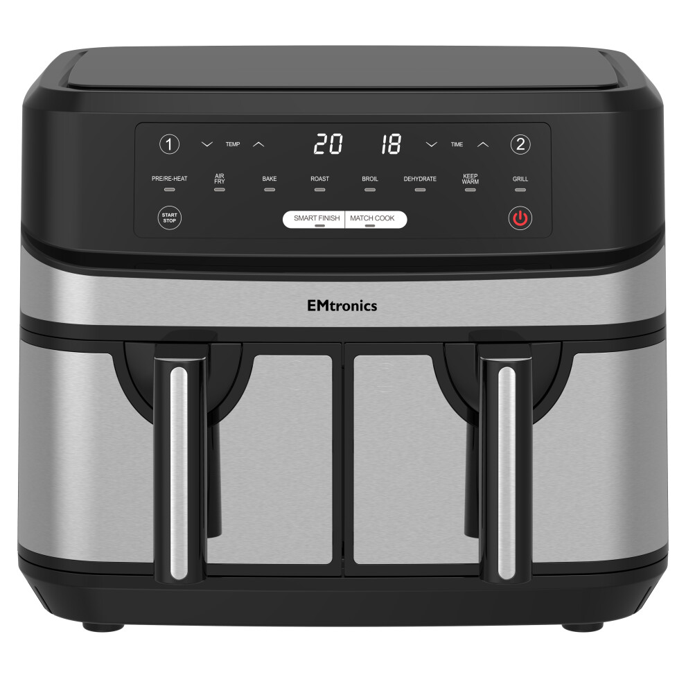 Emtronics Double Basket Air Fryer 9 Litre With 99 Minute Timer - Stainless Steel