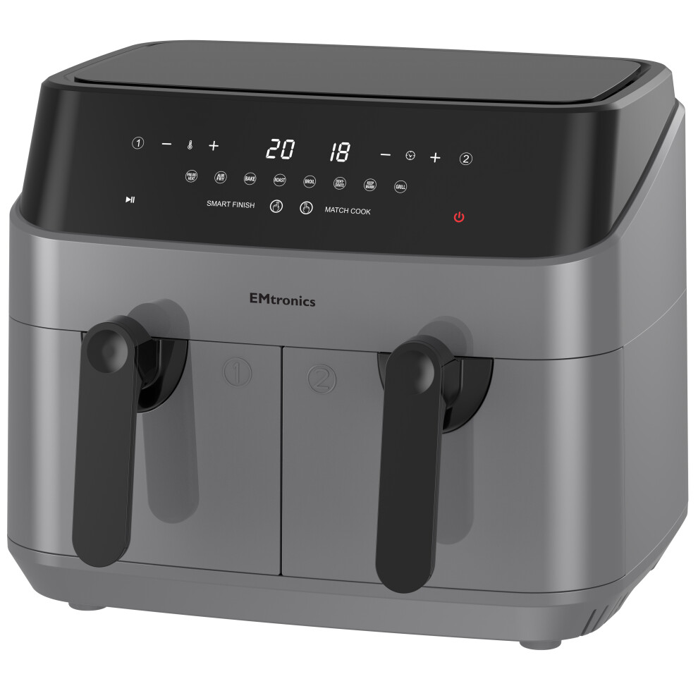 Emtronics Double Basket Air Fryer 9 Litre With 99 Minute Timer - Grey