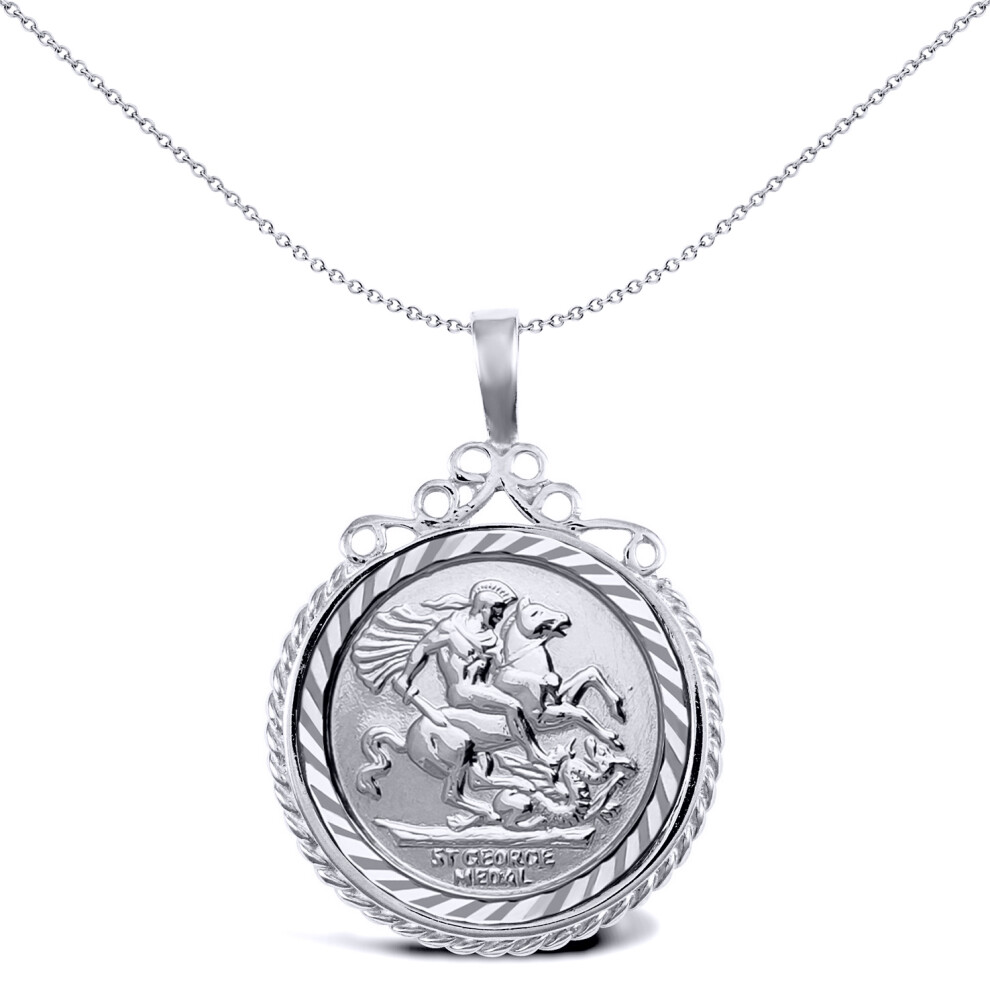 Jewelco London Unisex Rhodium Plated Sterling Silver Rope Edge Scroll Top St George & Dragon Medallion Pendant, (Full Sov Size) - ASP003-F-SG