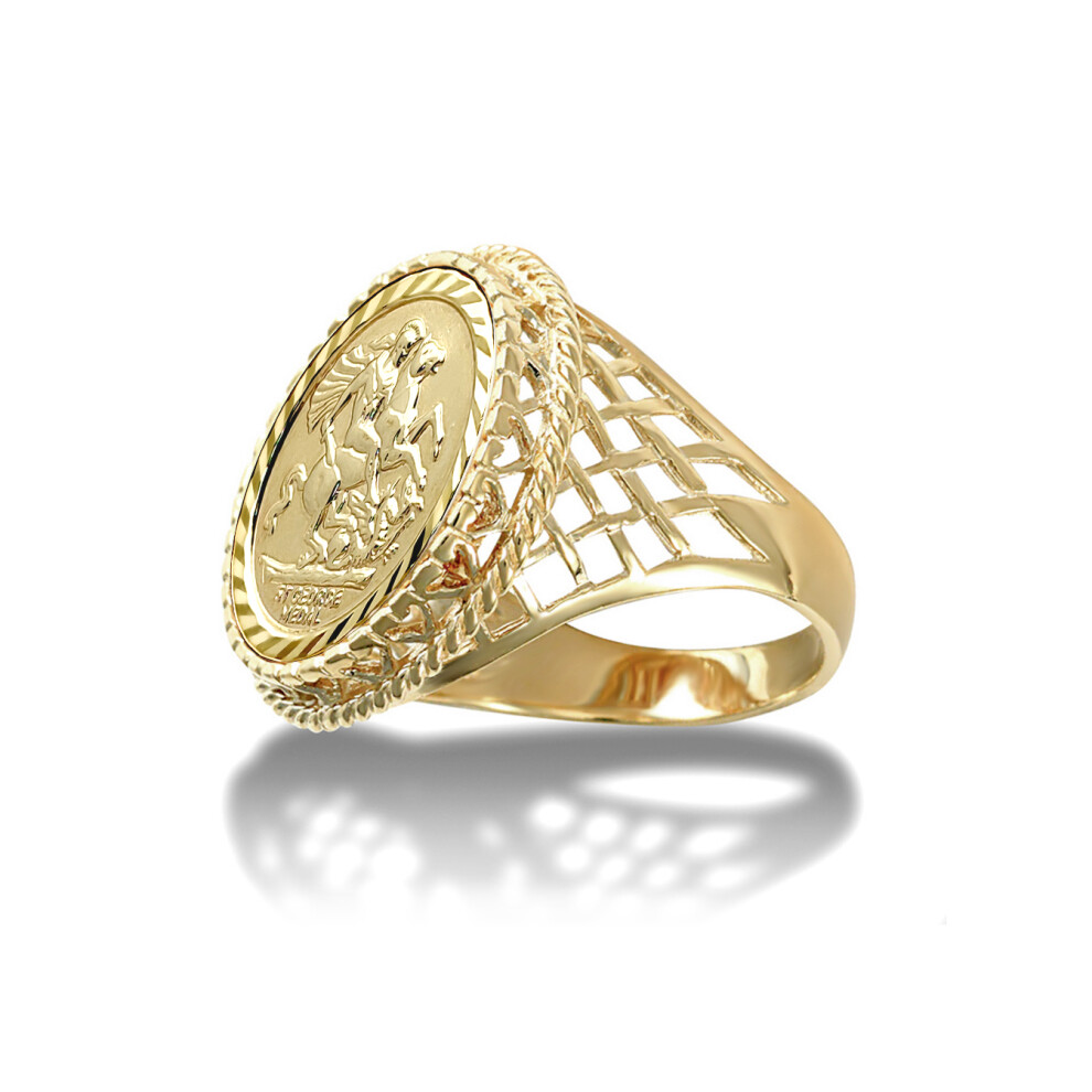 (L) Jewelco London Men's Solid 9ct Gold Rope Edge Basket St George & Dragon Medallion Ring (Half Sov Size)