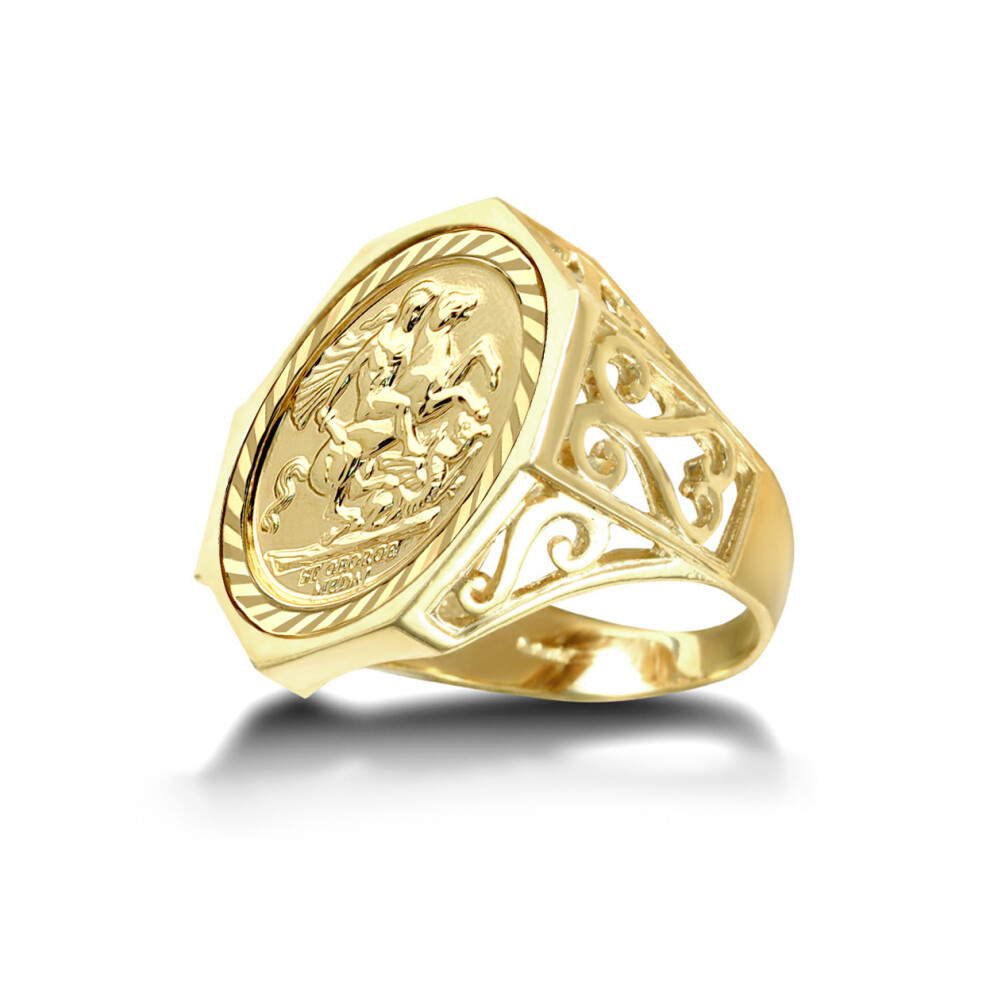 (R) Jewelco London Men's Solid 9ct Gold Octagon Scroll St George & Dragon Medallion Ring (Full Sov Size)