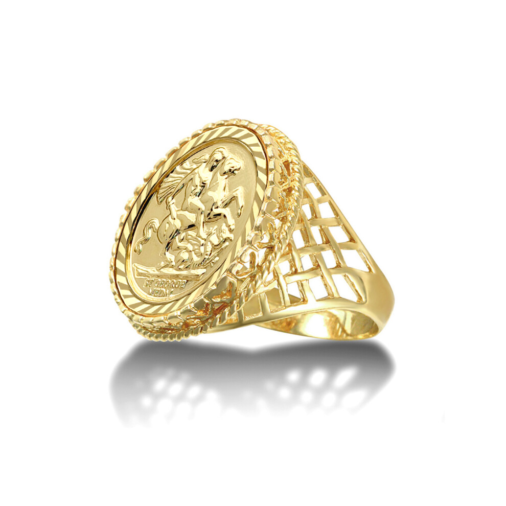 (S) Jewelco London Men's Solid 9ct Gold Rope Edge Basket St George & Dragon Medallion Ring (Full Sov Size)