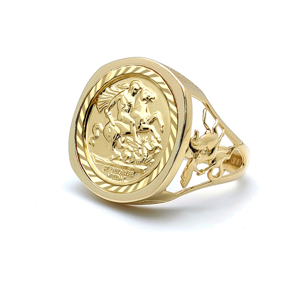 (N) Jewelco London Men's Solid 9ct Gold Dragon Slayer St George & Dragon Medallion Ring (Half Sov Size)