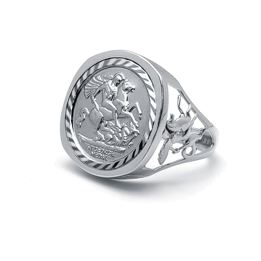(R) Jewelco London Men's Solid 925 Silver Dragon Slayer St George & Dragon Medallion Ring (Half Sov Size)