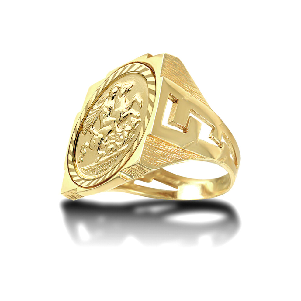 (V) Jewelco London Men's Solid 9ct Gold Curb Links Square St George & Dragon Medallion Ring (Full Sov Size)