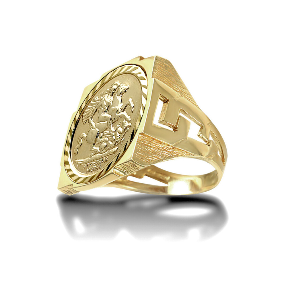 (P) Jewelco London Men's Solid 9ct Gold Curb Links Square St George & Dragon Medallion Ring (Half Sov Size)