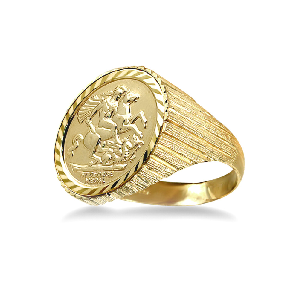 (V) Jewelco London Men's Solid 9ct Gold Ribbed Barked St George & Dragon Medallion Ring (Half Sov Size)