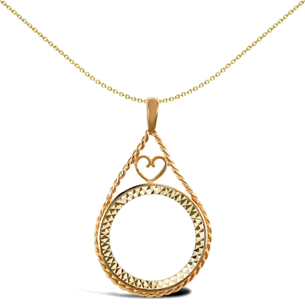 Jewelco London Solid 9ct Yellow Gold Love Heart Teardrop Rope Full Sovereign Coin Mount Pendant - JSP012-F