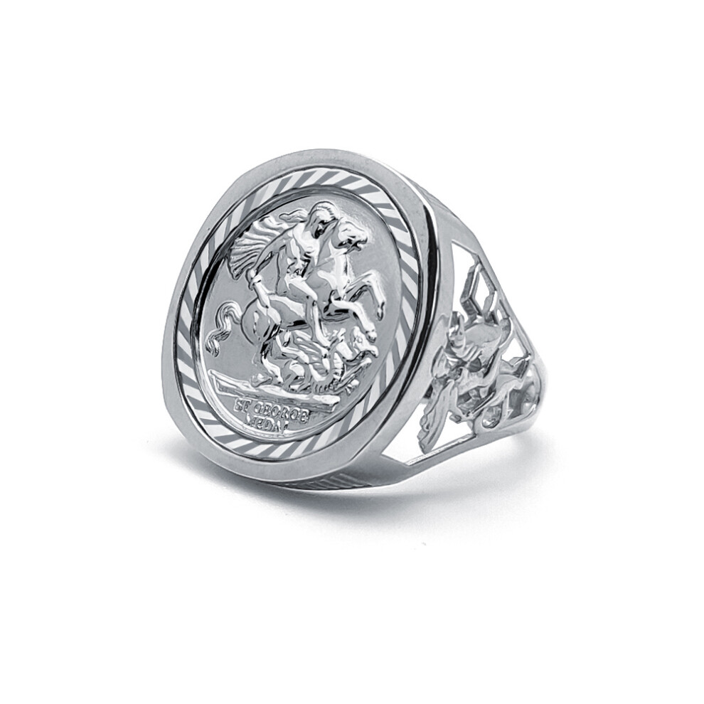 (R) Jewelco London Men's Solid 925 Silver Dragon Slayer St George & Dragon Medallion Ring (Full Sov Size)