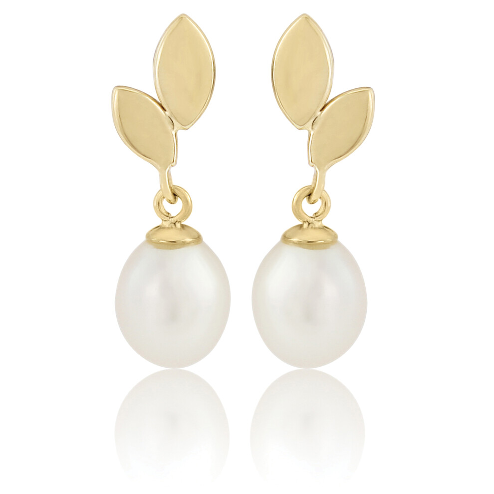 9ct Gold  Leaf Cultured Oval Pearl Drop Earrings 7mm - SENR02560