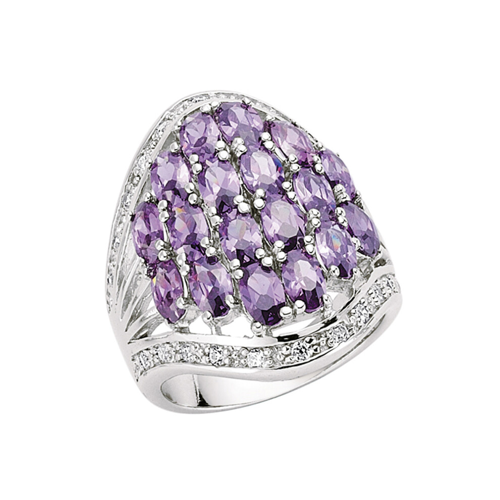 (O) Jewelco London Rhodium Plated Sterling Silver Violet and White Oval and Round Brilliant Cubic Zirconia Cocktail Ring