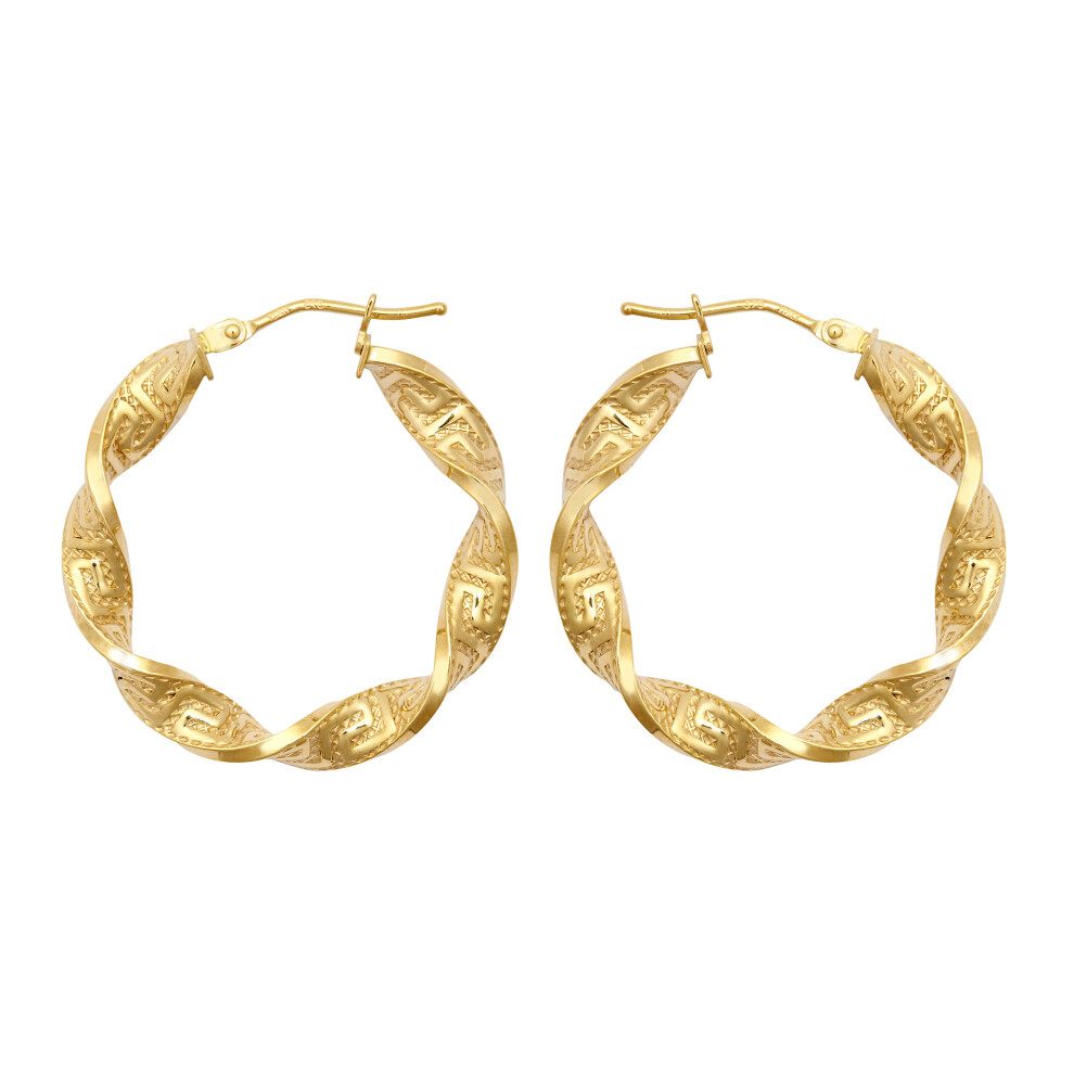 Jewelco London Ladies 9ct Yellow Gold Greek Key Ribbon Twist 4mm Hoop Earrings 27mm - JER787A