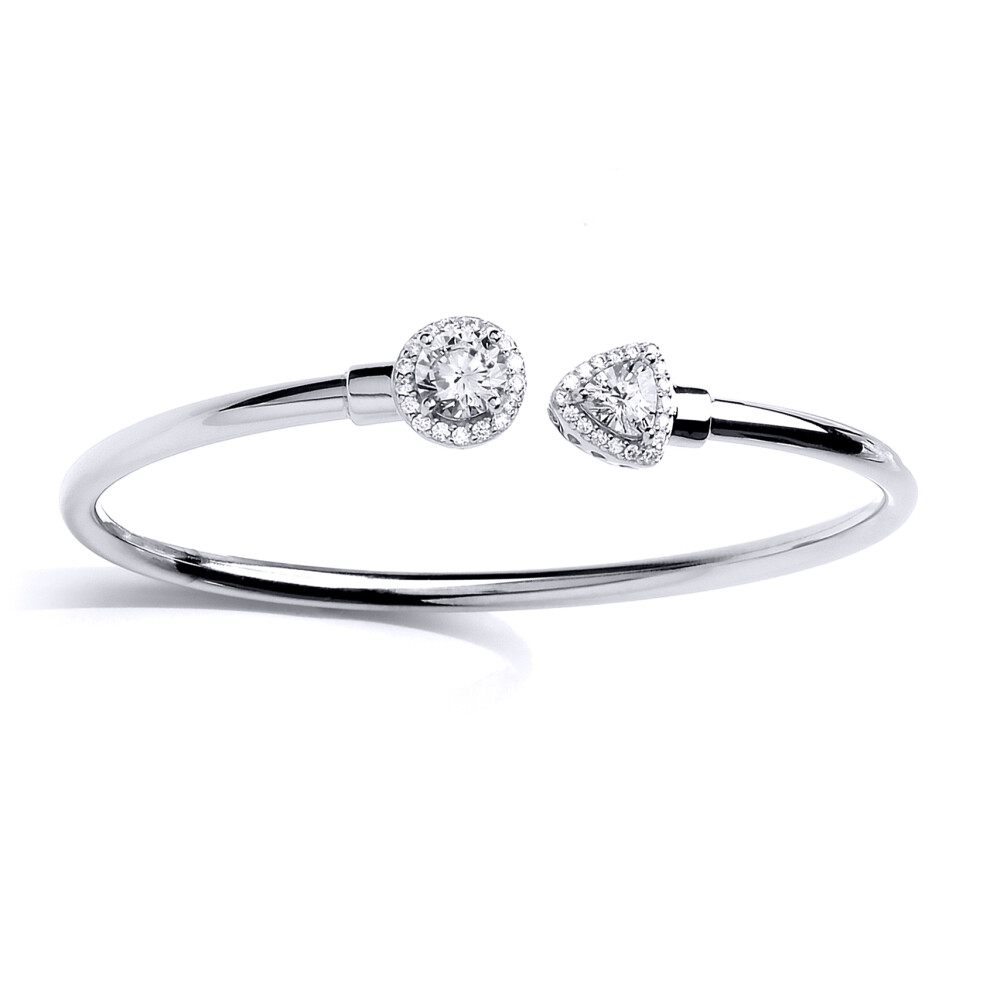 Jewelco London Sterling Silver Triangle Cubic zirconia Halo Torque Toi et Moi Bangle Bracelet 10mm - GVG195