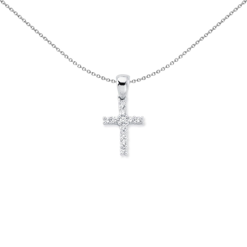 Jewelco London Rhodium Plated Sterling Silver Round Cubic Zirconia 4 Claw Cross Pendant Necklace 25mm 18 inch - APX014