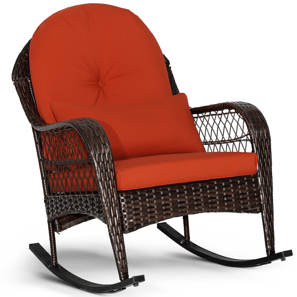 Outdoor Rattan Rocking Chair Patio Rocker W/ Cushions & Waist Pillow