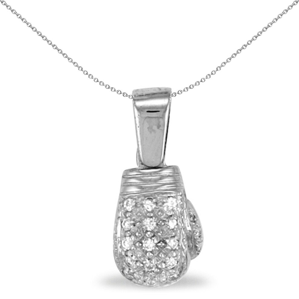 Jewelco London Mens Rhodium Plated Sterling Silver Round Cubic Zirconia Boxing Glove Pendant Necklace 31mm 18 inch - APD006