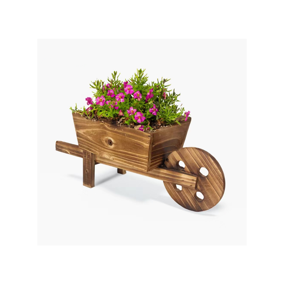 UK Burntwood Wooden Wheel Barrow Planter for Garden Outdoor Patio Summer Cart