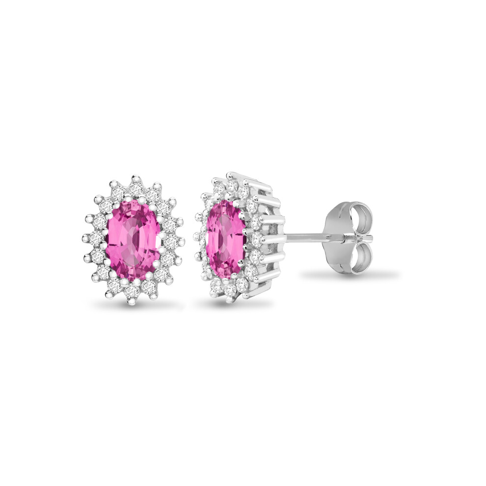 Jewelco London 9ct White Gold Cluster Set Round H I2 0.25ct Diamond and Oval Pink 1.25ct Sapphire Cluster Stud Earrings - 9E113