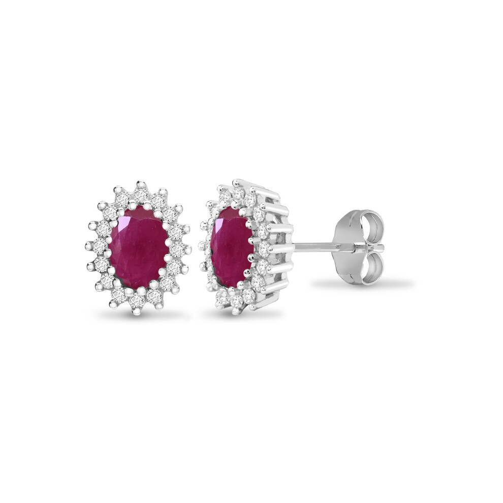 9ct White Gold  Diamond Red Ruby Cluster Stud Earrings - 9E114