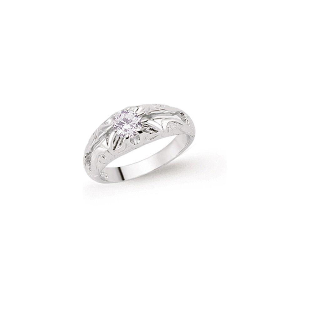 (C) Jewelco London Boys Rhodium Plated Sterling Silver Cubic Zirconia Gypsy Carved Solitaire Ring