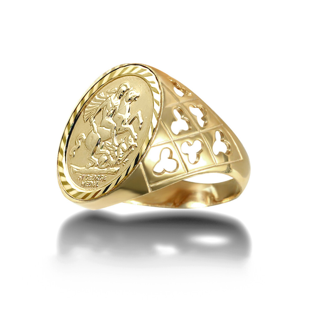 (P) Jewelco London Men's Solid 9ct Gold Clubs Clovers St George & Dragon Medallion Ring (Half Sov Size)